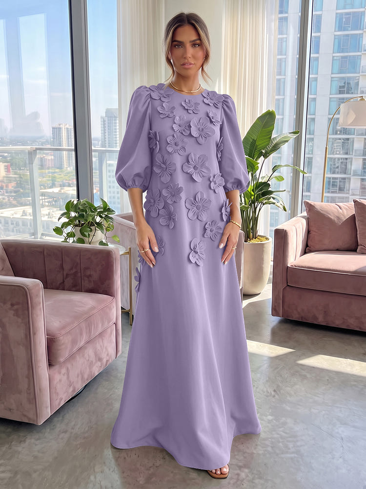 Jersey A-Line Crew Neck 3D Flowers Formal Tent/ Trapeze Dresses with Three Quarters Sleeves