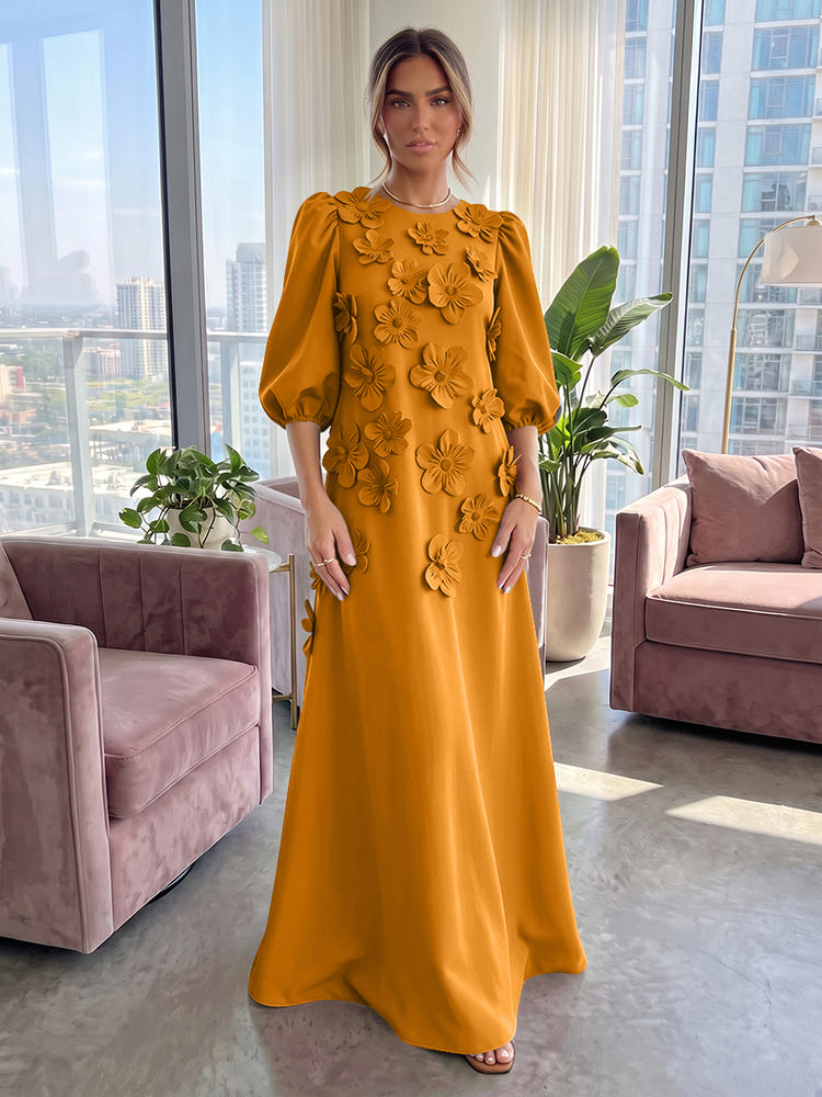 Jersey A-Line Crew Neck 3D Flowers Formal Tent/ Trapeze Dresses with Three Quarters Sleeves