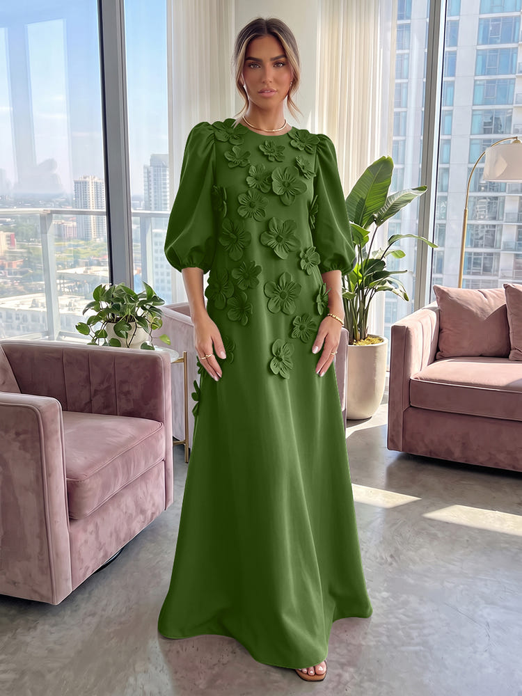Jersey A-Line Crew Neck 3D Flowers Formal Tent/ Trapeze Dresses with Three Quarters Sleeves