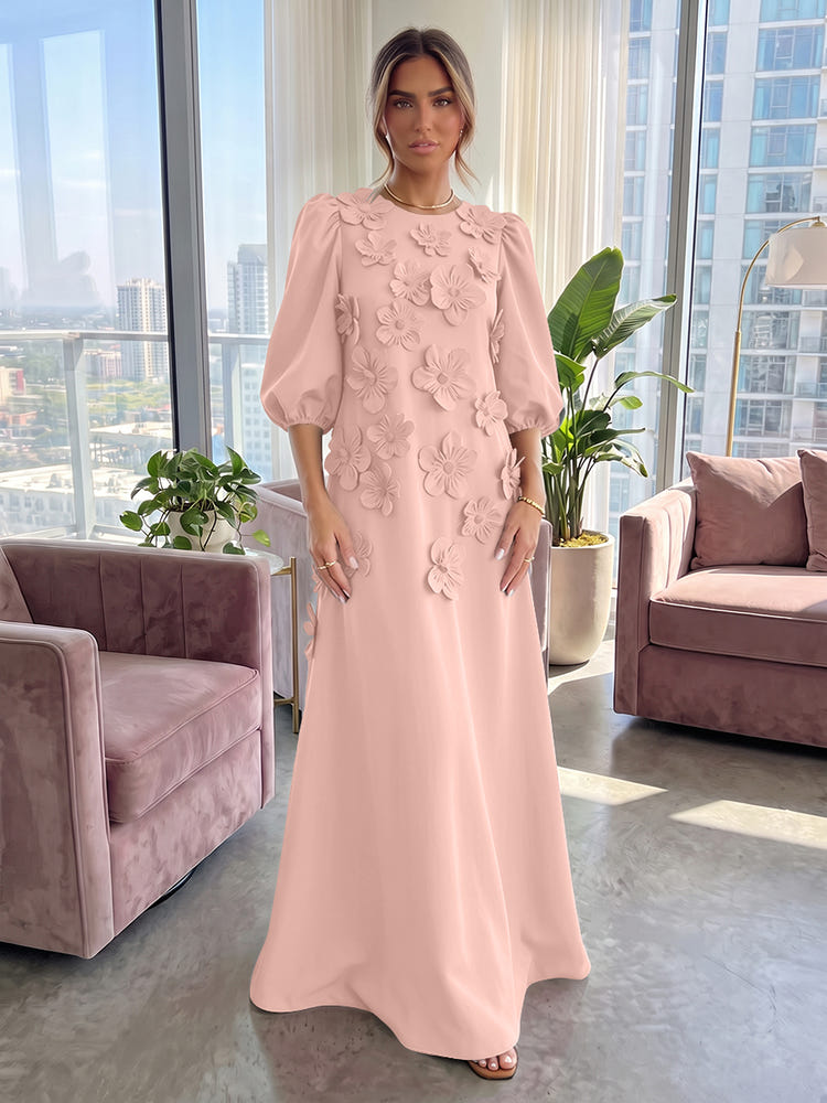 Jersey A-Line Crew Neck 3D Flowers Formal Tent/ Trapeze Dresses with Three Quarters Sleeves