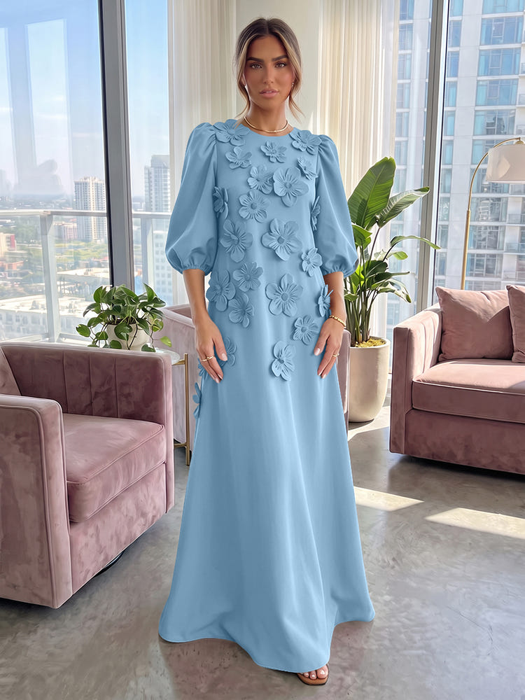 Jersey A-Line Crew Neck 3D Flowers Formal Tent/ Trapeze Dresses with Three Quarters Sleeves