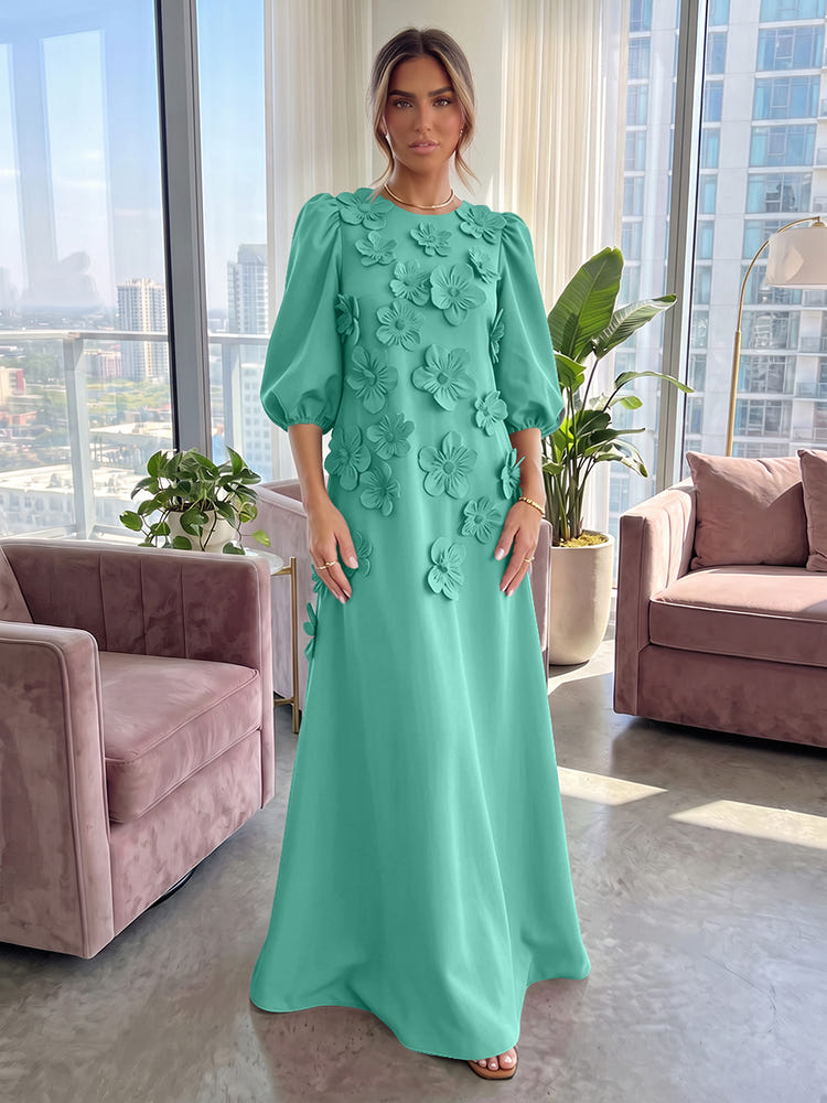 Jersey A-Line Crew Neck 3D Flowers Formal Tent/ Trapeze Dresses with Three Quarters Sleeves