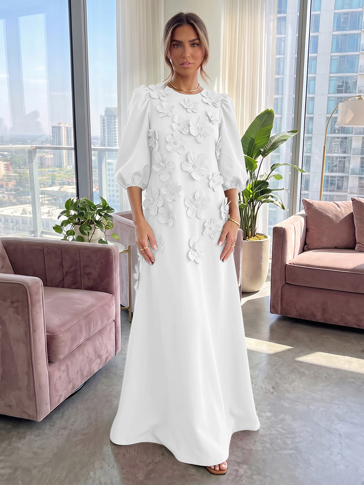 Jersey A-Line Crew Neck 3D Flowers Formal Tent/ Trapeze Dresses with Three Quarters Sleeves
