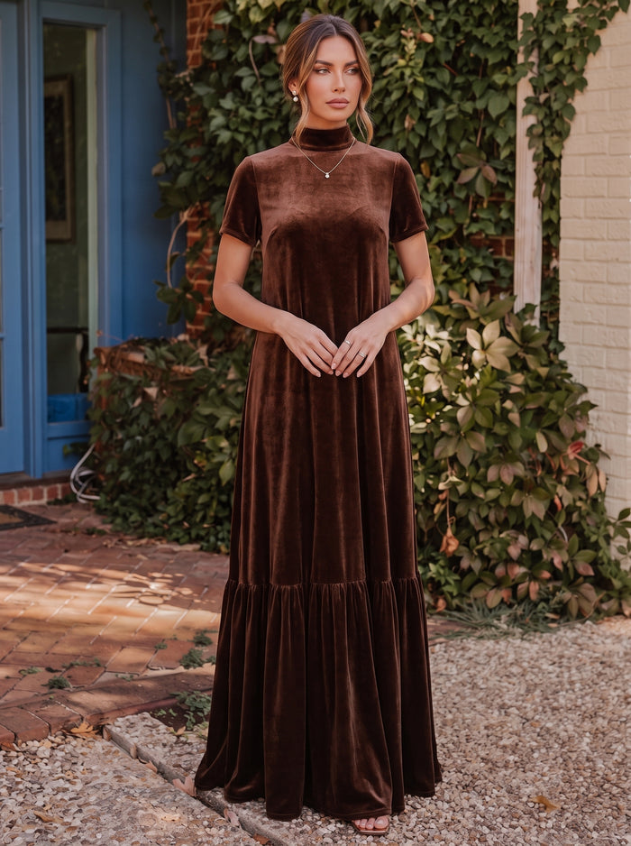 Velvet A-Line High Neck Formal Tent/ Trapeze Dresses with Short Sleeves