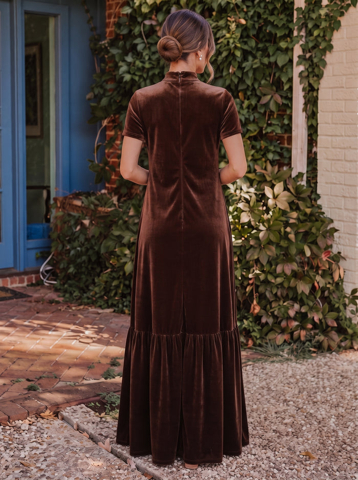 Velvet A-Line High Neck Formal Tent/ Trapeze Dresses with Short Sleeves