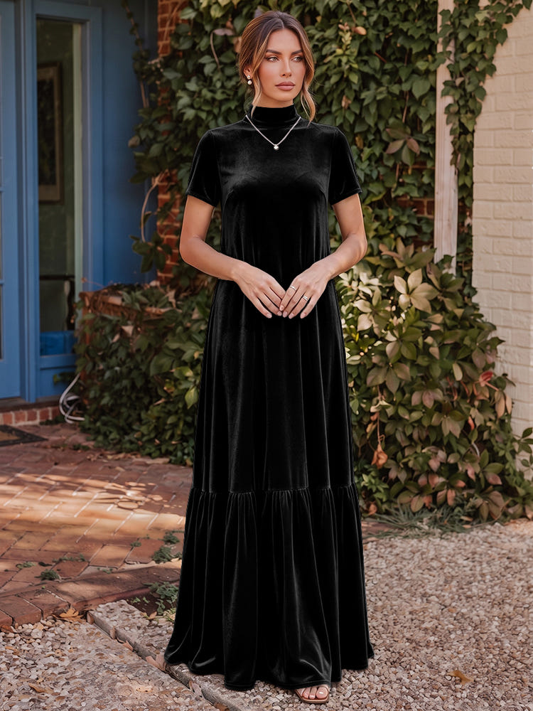 Velvet A-Line High Neck Formal Tent/ Trapeze Dresses with Short Sleeves