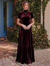 Velvet A-Line High Neck Formal Tent/ Trapeze Dresses with Short Sleeves