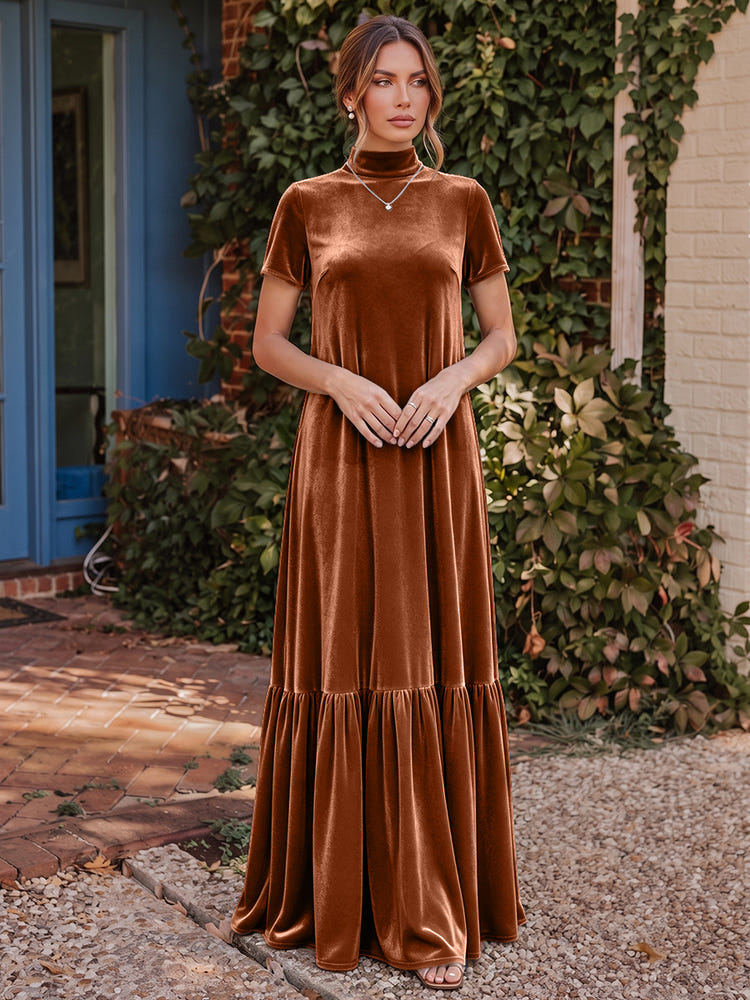 Velvet A-Line High Neck Formal Tent/ Trapeze Dresses with Short Sleeves