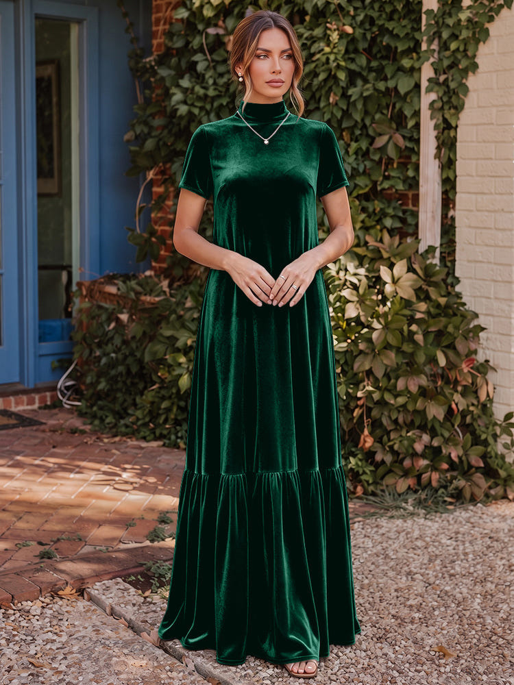 Velvet A-Line High Neck Formal Tent/ Trapeze Dresses with Short Sleeves