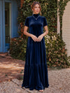 Velvet A-Line High Neck Formal Tent/ Trapeze Dresses with Short Sleeves