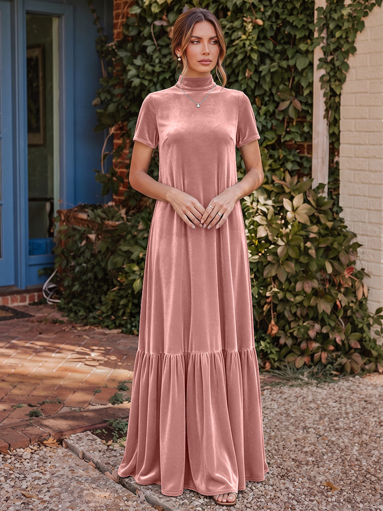 Velvet A-Line High Neck Formal Tent/ Trapeze Dresses with Short Sleeves