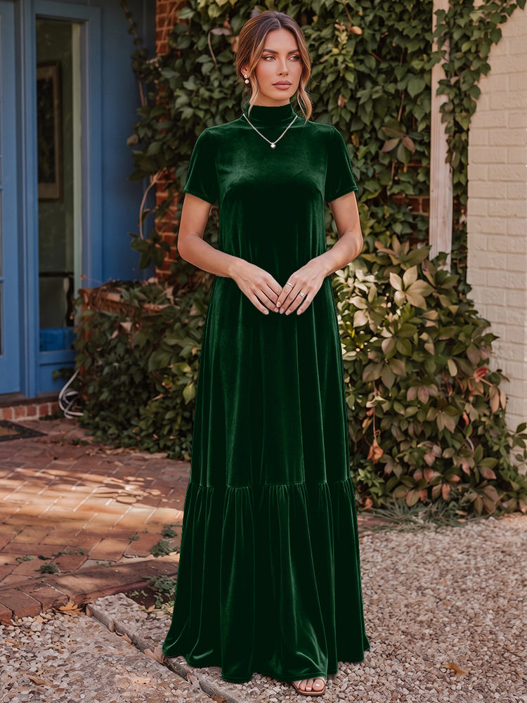 Velvet A-Line High Neck Formal Tent/ Trapeze Dresses with Short Sleeves
