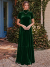 Velvet A-Line High Neck Formal Tent/ Trapeze Dresses with Short Sleeves