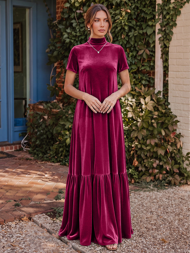 Velvet A-Line High Neck Formal Tent/ Trapeze Dresses with Short Sleeves