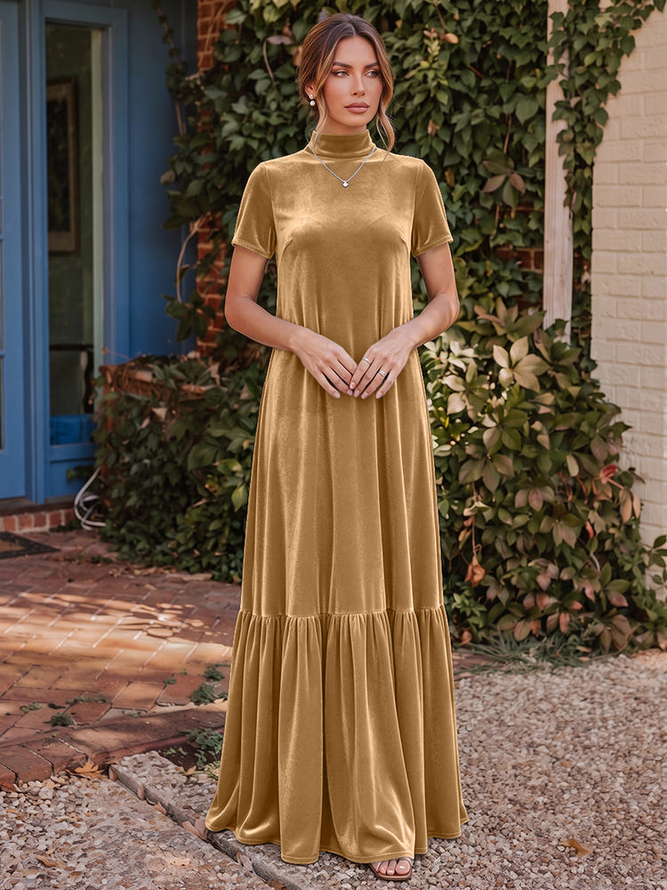 Velvet A-Line High Neck Formal Tent/ Trapeze Dresses with Short Sleeves