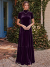 Velvet A-Line High Neck Formal Tent/ Trapeze Dresses with Short Sleeves