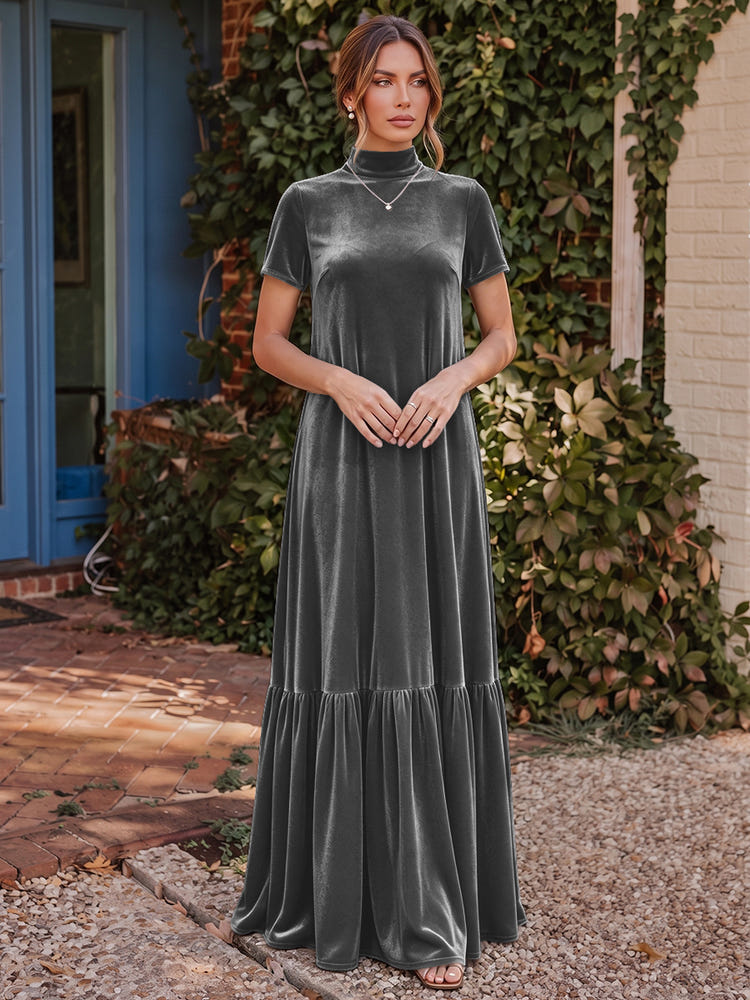 Velvet A-Line High Neck Formal Tent/ Trapeze Dresses with Short Sleeves