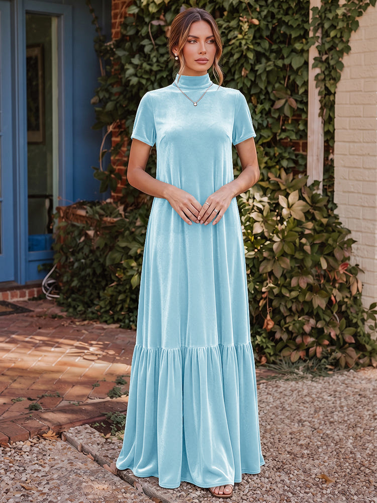 Velvet A-Line High Neck Formal Tent/ Trapeze Dresses with Short Sleeves