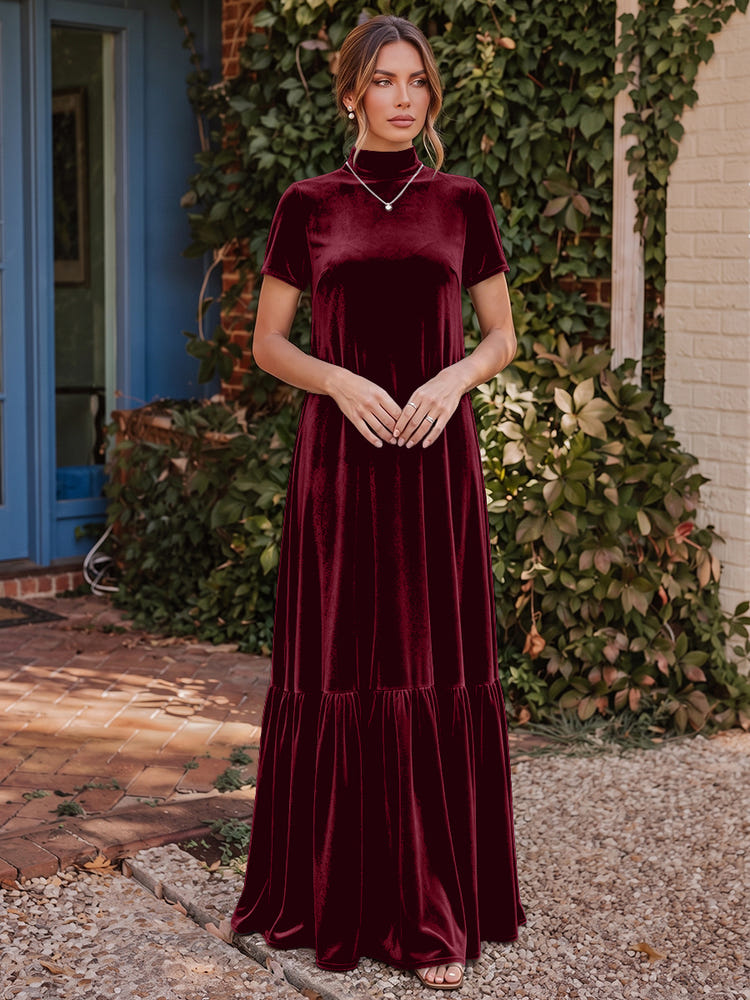 Velvet A-Line High Neck Formal Tent/ Trapeze Dresses with Short Sleeves
