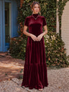 Velvet A-Line High Neck Formal Tent/ Trapeze Dresses with Short Sleeves