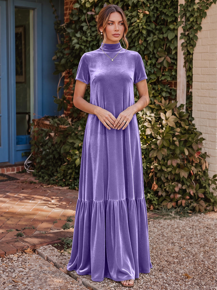 Velvet A-Line High Neck Formal Tent/ Trapeze Dresses with Short Sleeves