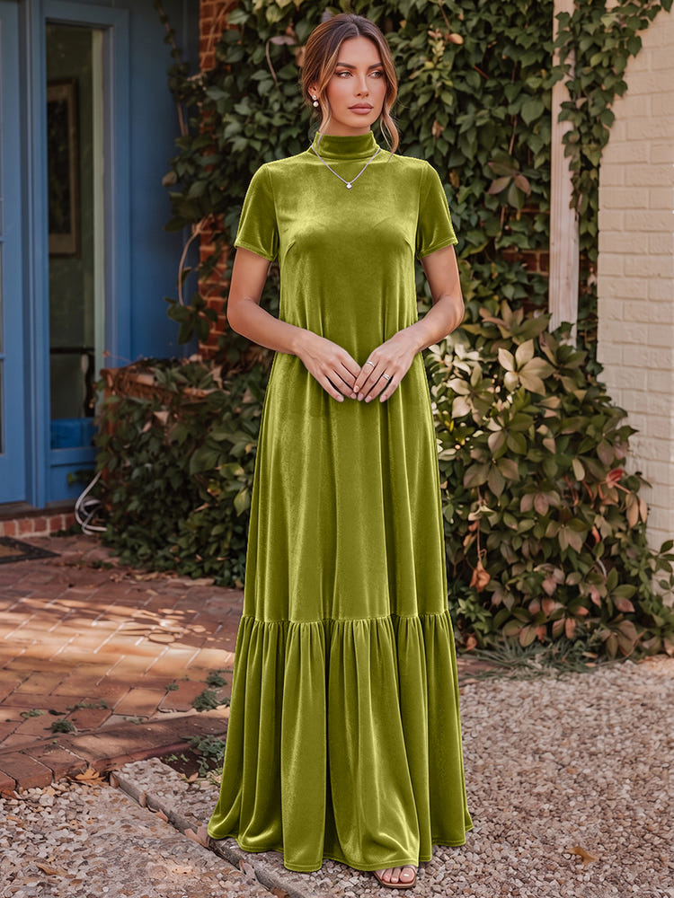Velvet A-Line High Neck Formal Tent/ Trapeze Dresses with Short Sleeves
