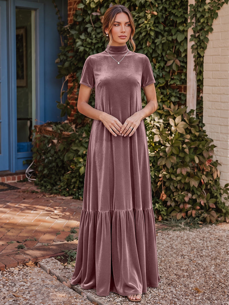 Velvet A-Line High Neck Formal Tent/ Trapeze Dresses with Short Sleeves