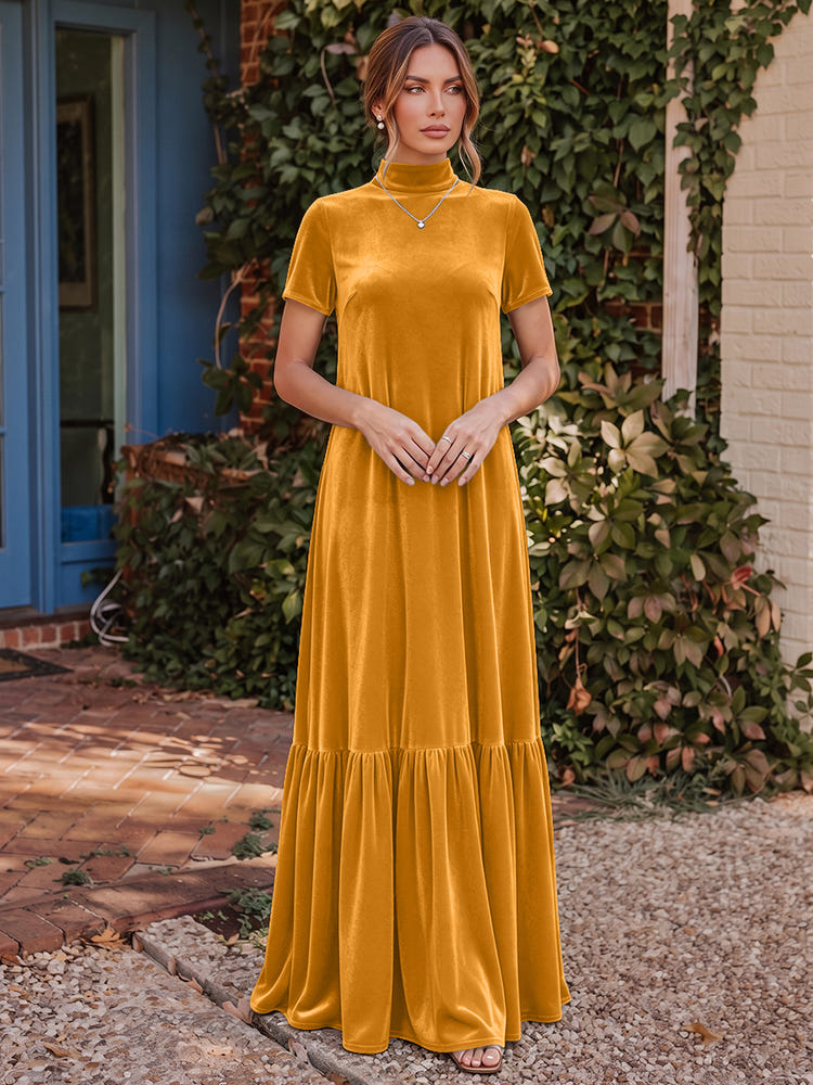 Velvet A-Line High Neck Formal Tent/ Trapeze Dresses with Short Sleeves