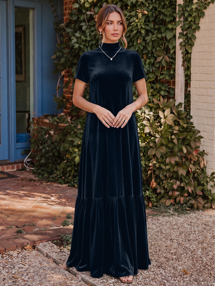 Velvet A-Line High Neck Formal Tent/ Trapeze Dresses with Short Sleeves
