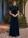 Velvet A-Line High Neck Formal Tent/ Trapeze Dresses with Short Sleeves