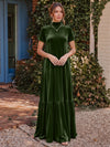 Velvet A-Line High Neck Formal Tent/ Trapeze Dresses with Short Sleeves