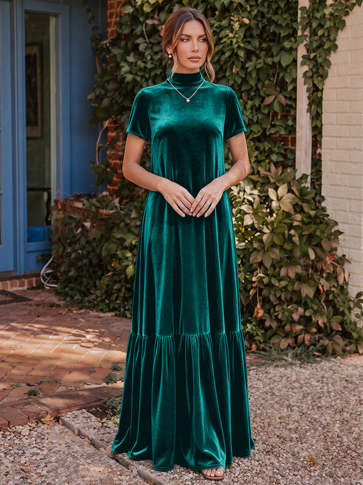 Velvet A-Line High Neck Formal Tent/ Trapeze Dresses with Short Sleeves