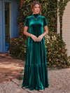 Velvet A-Line High Neck Formal Tent/ Trapeze Dresses with Short Sleeves