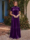 Velvet A-Line High Neck Formal Tent/ Trapeze Dresses with Short Sleeves