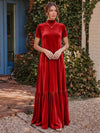 Velvet A-Line High Neck Formal Tent/ Trapeze Dresses with Short Sleeves