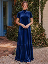 Velvet A-Line High Neck Formal Tent/ Trapeze Dresses with Short Sleeves