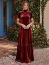 Velvet A-Line High Neck Formal Tent/ Trapeze Dresses with Short Sleeves