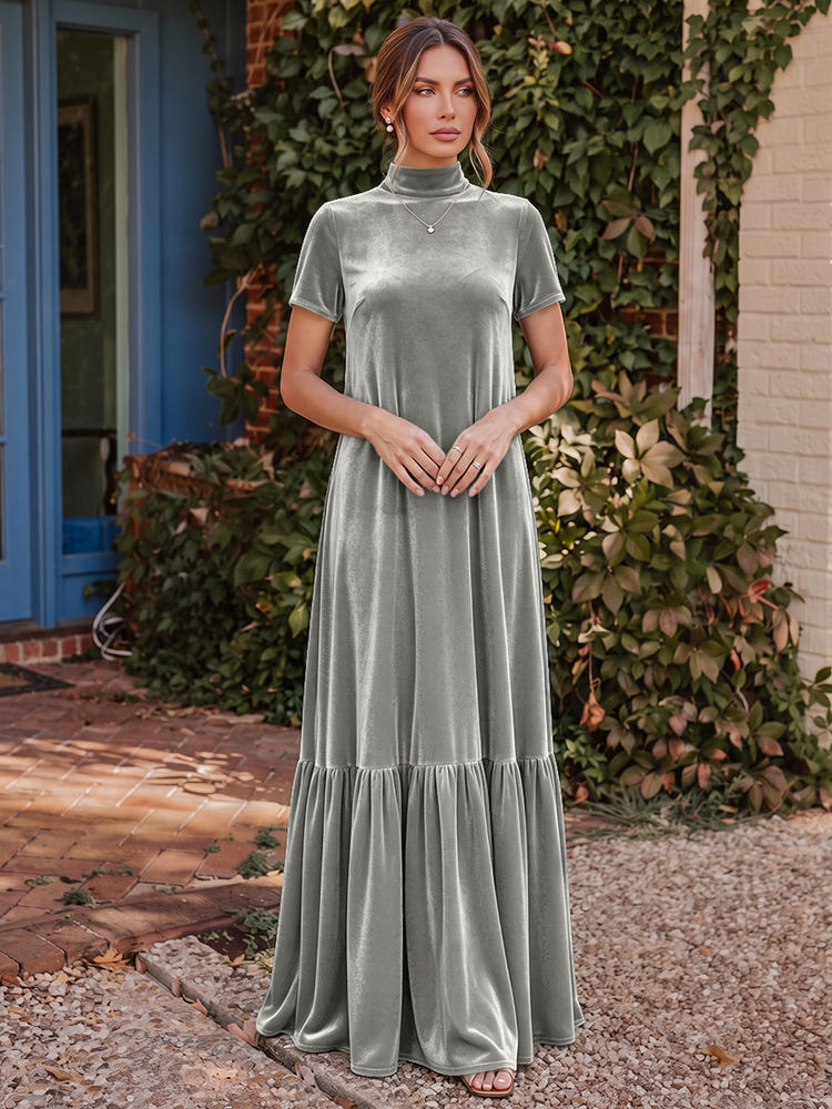 Velvet A-Line High Neck Formal Tent/ Trapeze Dresses with Short Sleeves