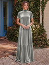 Velvet A-Line High Neck Formal Tent/ Trapeze Dresses with Short Sleeves