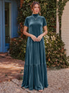 Velvet A-Line High Neck Formal Tent/ Trapeze Dresses with Short Sleeves