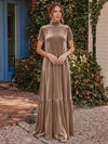 Velvet A-Line High Neck Formal Tent/ Trapeze Dresses with Short Sleeves