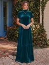 Velvet A-Line High Neck Formal Tent/ Trapeze Dresses with Short Sleeves