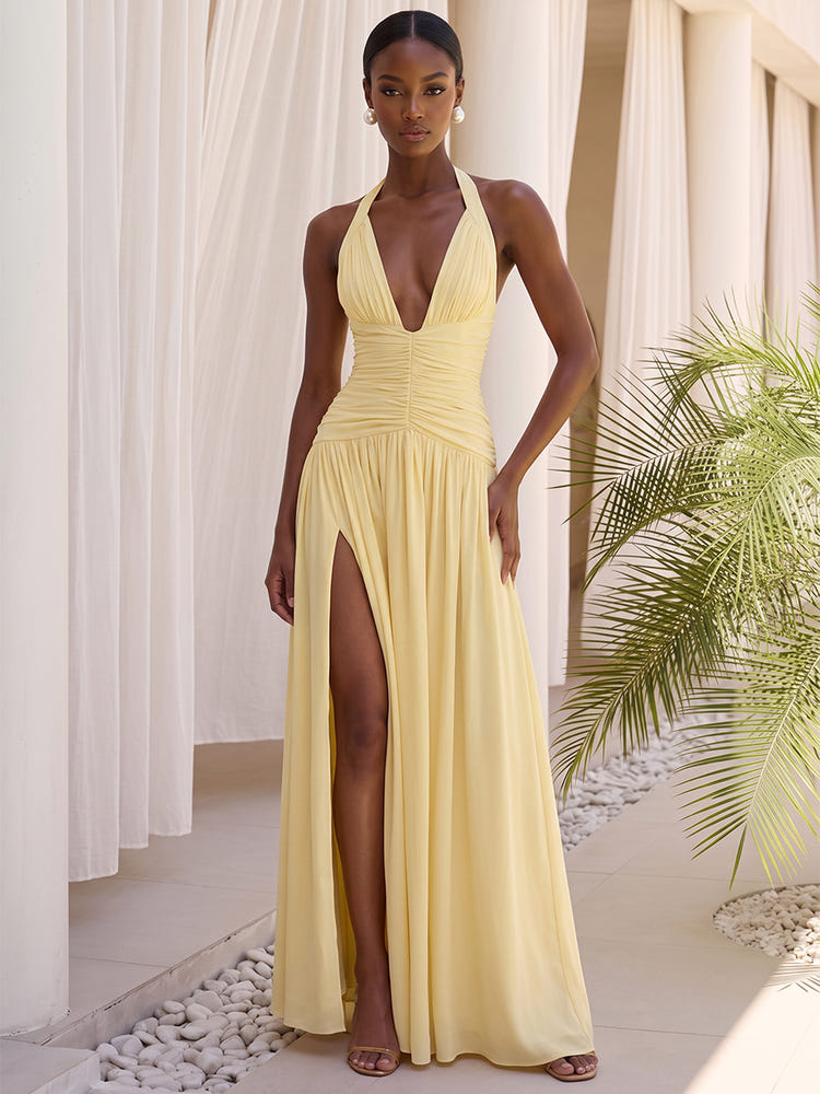 Chiffon A-Line Halter Formal Dresses with Side Slit
