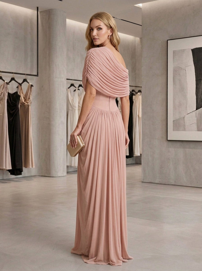 Chiffon Sheath One Shoulder Maxi Formal Dresses with Delicate Pleated