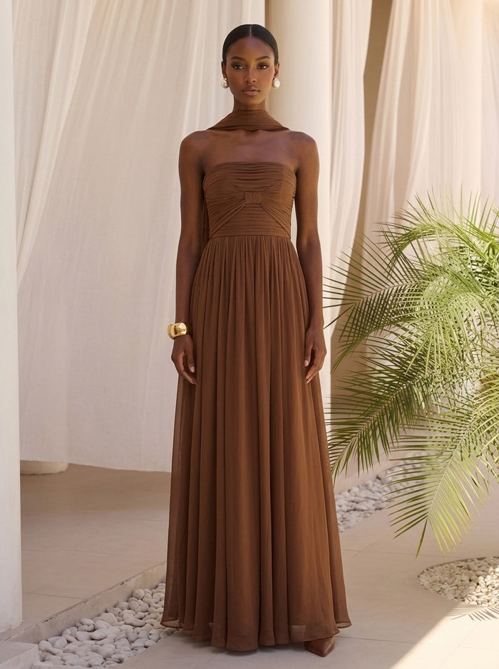 Chiffon A-Line Strapless Maxi Formal Dresses with Delicate Pleated