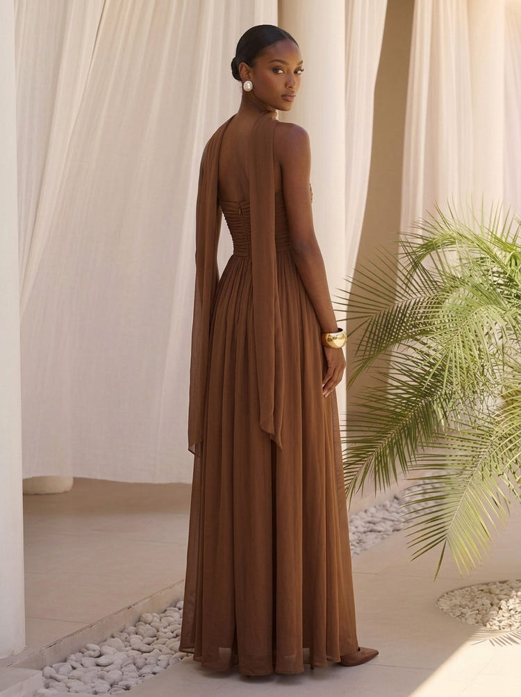 Chiffon A-Line Strapless Maxi Formal Dresses with Delicate Pleated