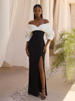Satin Sheath Off Shoulder Maxi Formal Dresses with Side Slit