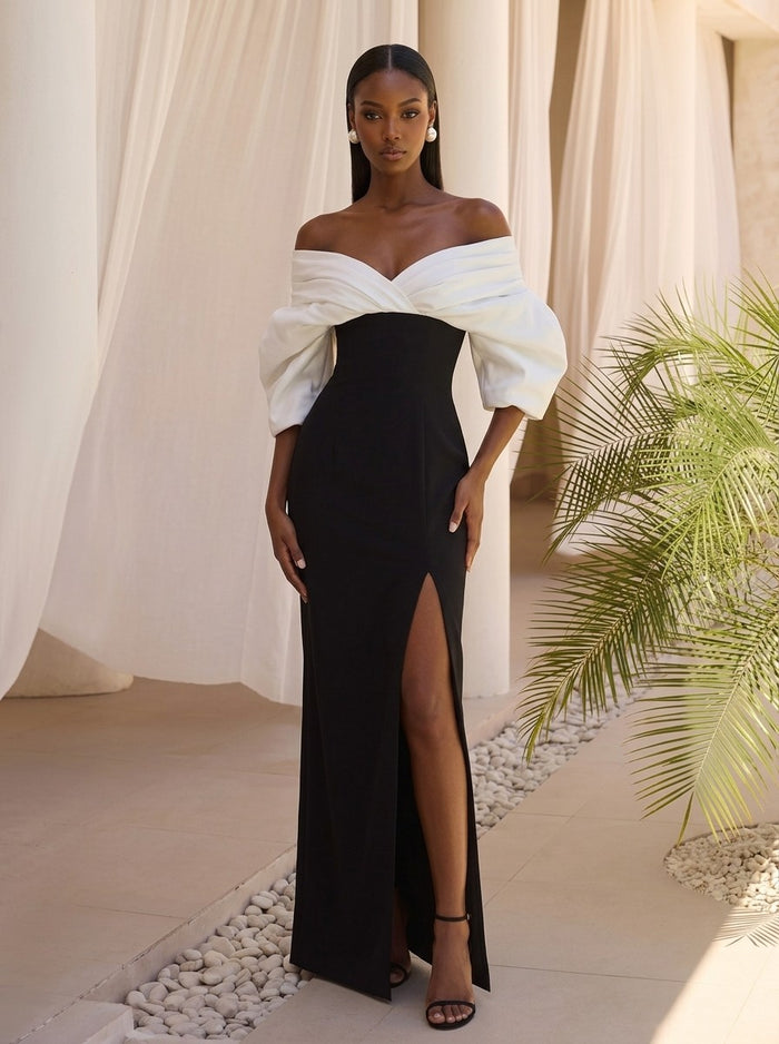Satin Sheath Off Shoulder Maxi Formal Dresses with Side Slit