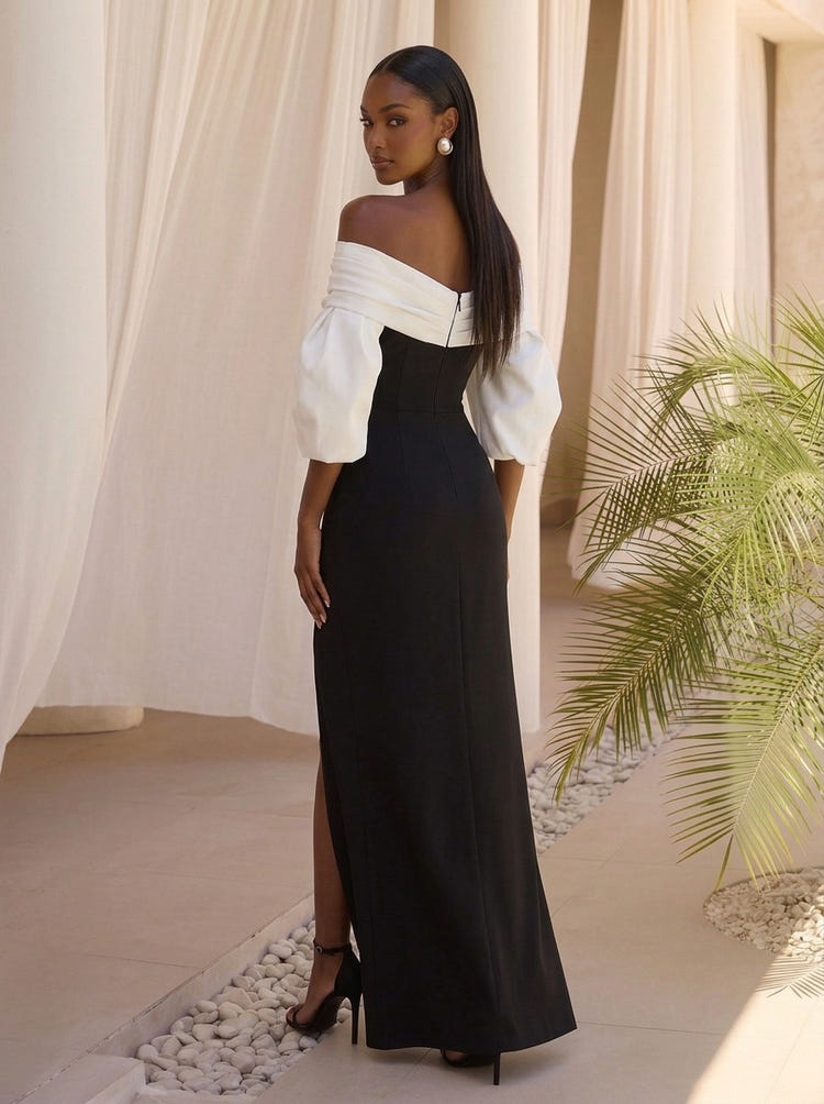Satin Sheath Off Shoulder Maxi Formal Dresses with Side Slit