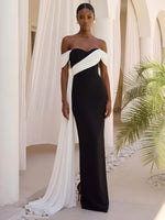 Satin Sheath Off Shoulder Maxi Formal Dresses with Draped Side Sash